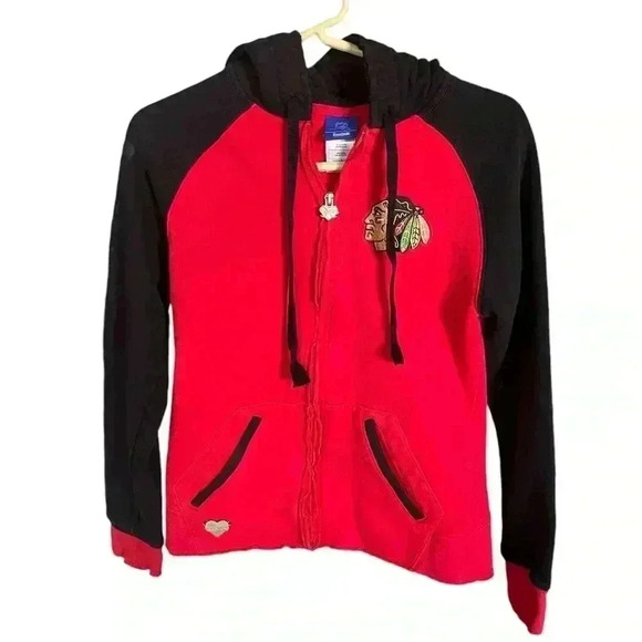 Chicago Blackhawks NHL Full Zip Hoodie Girls Youth Small Red Black Reebok - Picture 1 of 5